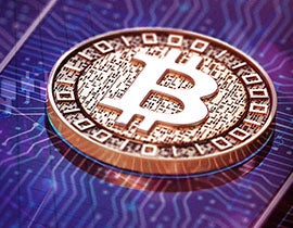 Blue and purple digital background with a gold coin symbolizing bitcoin.