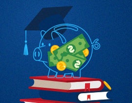 Illustration of a piggy bank wearing a graduation cap, filled with cash and coins, sitting on stacked books.