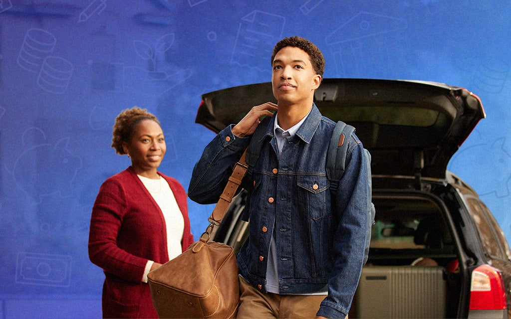 college bound man holding a bag, open car behind him with a mother