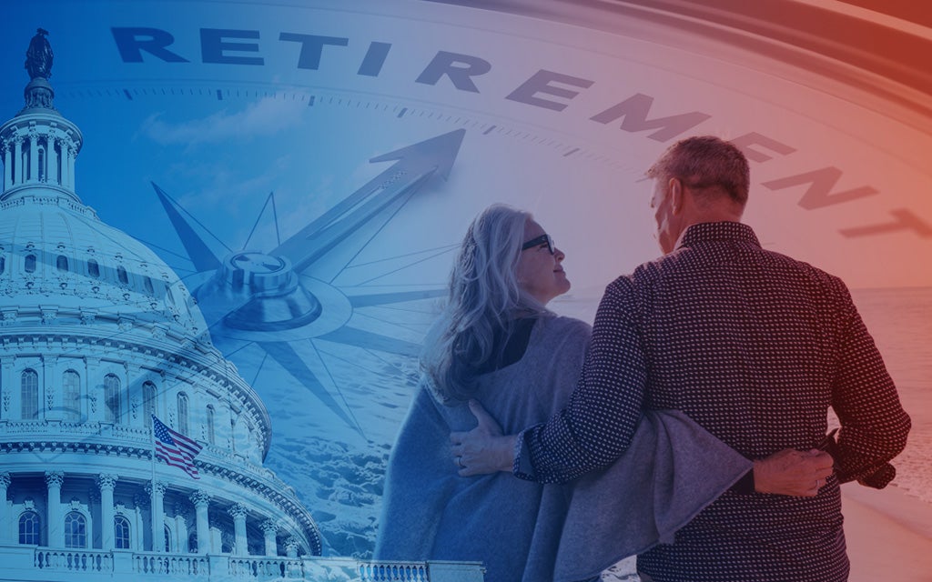 Graphic of the capitol and a couple hugging overlaid on a compass and the word "retirement.