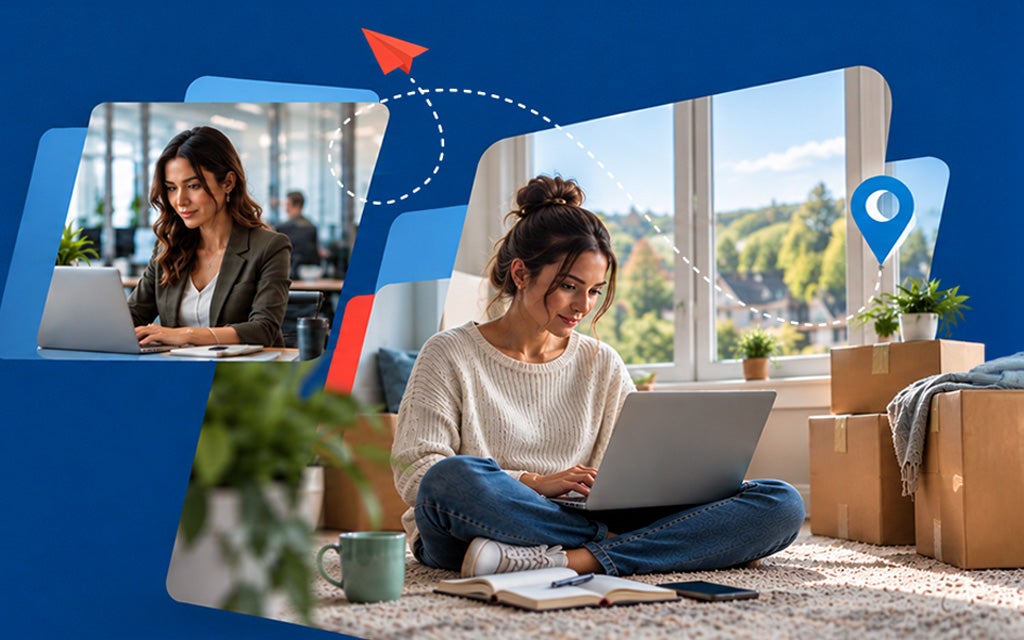 Woman in the office and at home on her computer.