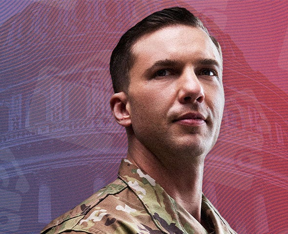 service member looking off into the distance with the white house in the background and wallet icons surrounding