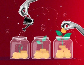 3 jars with coins and plants growing out of them, a person watering and nurturing the plants. 