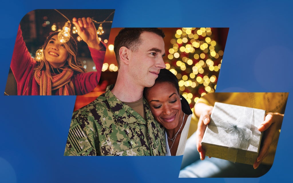 Blue background featuring 3 smaller images of a woman hanging a string of light, a service member and spouse, and a wrapped gift.