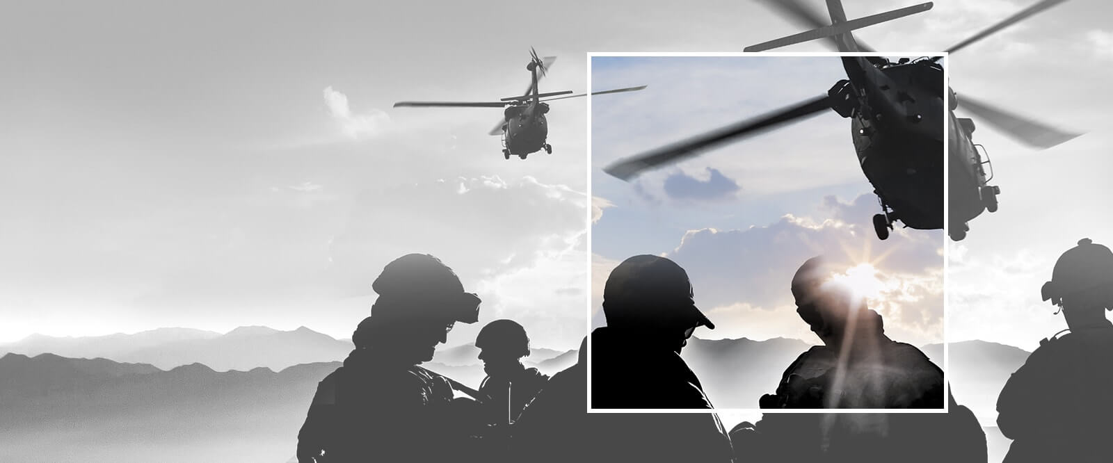 A graphic  highlighting military members on a mountain with helicopters.