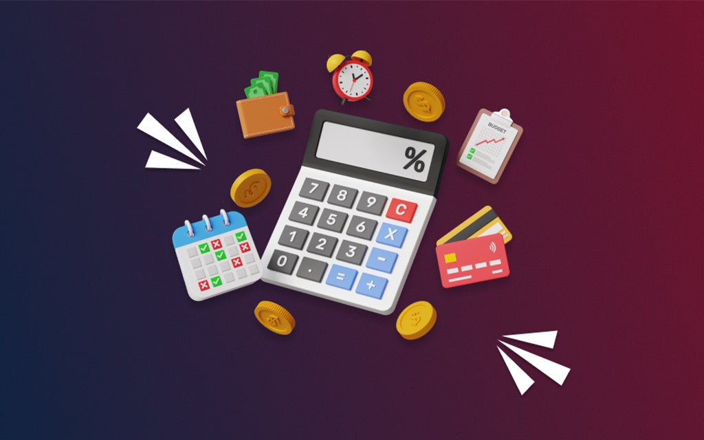 Budgeting and expense planning graphic with calculator and money icons