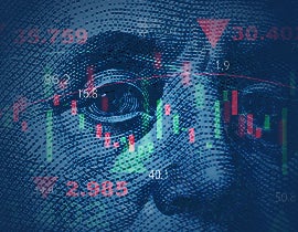 Close-up of Benjamin Franklin’s face from U.S. $100 bill overlaid with red candlestick charts, downward arrows, and financial data, symbolizing economic trends and projections for the year ahead.