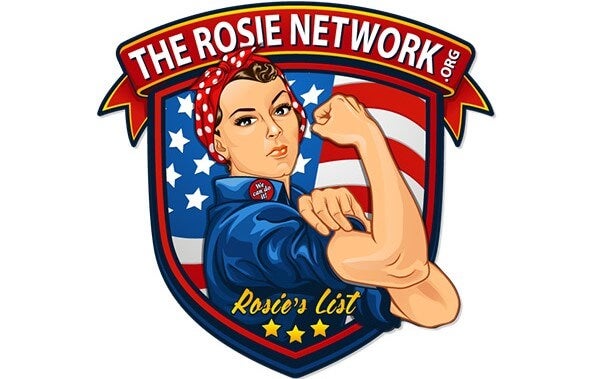 Shield with Rosie the Riveter and the text "The Rosie Network.org" and "Rosie's List".