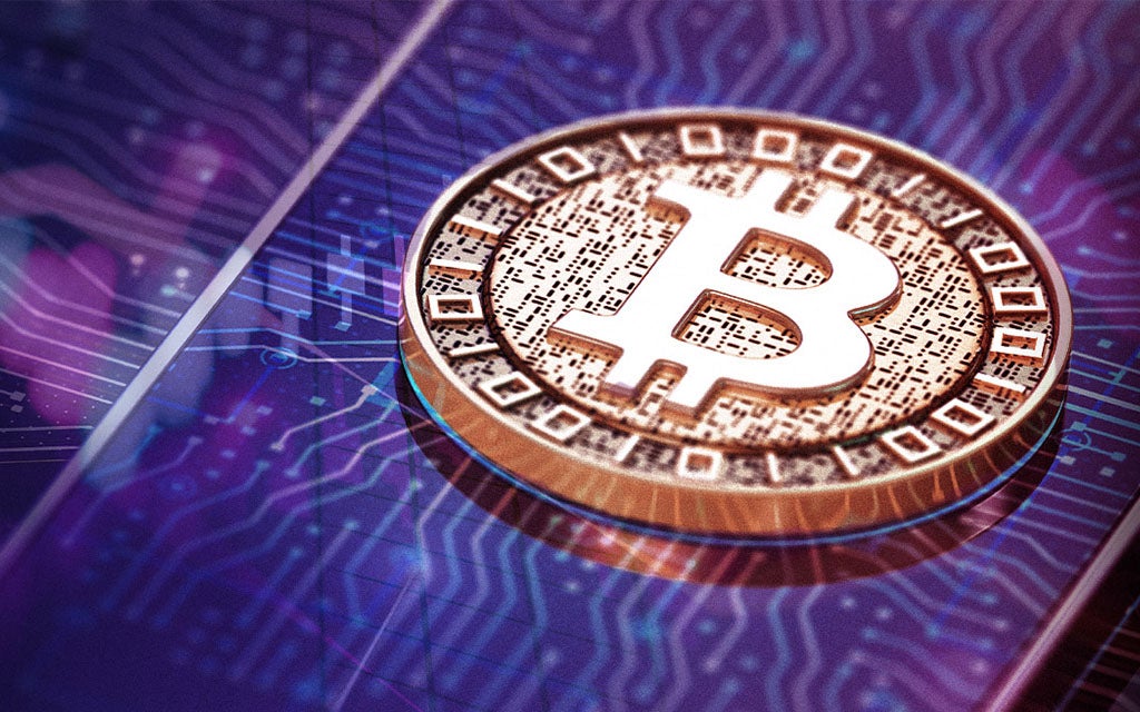 Blue and purple digital background with a gold coin symbolizing bitcoin.