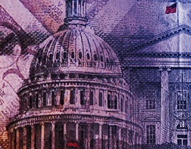 The Capital Building beside the White House with a fifty dollar bill overlay.