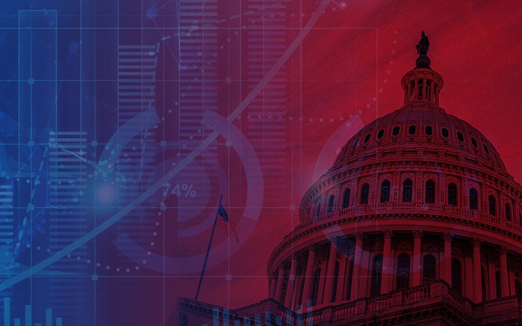 Red and blue background with investment charts and capital building