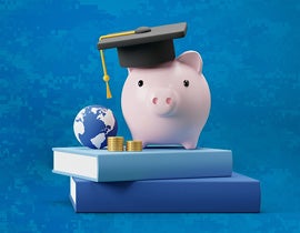 a pig wearing a graduation cap, perched atop 2 books, next to a stack of coins and a globe