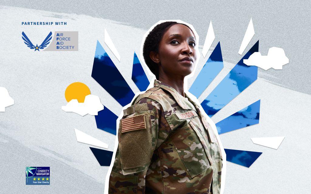 A person in military uniform with an American flag patch on the shoulder stands against a background of abstract blue and white shapes, clouds, and a yellow sun