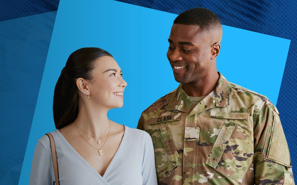 Military couple with blue background.
