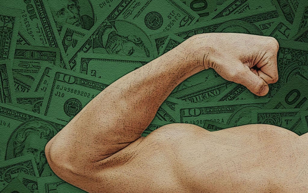 An graphic image of a man's arm flexed into a muscle with money in the background.