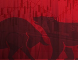 Image of a bull and bear on a red background.