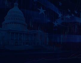 white house with various red and blue decorative graphic elements creating an image of patriotism