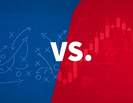 Split graphic showing betting strategy play diagrams on a blue background versus a red financial candlestick chart, with ‘VS.’ in the center