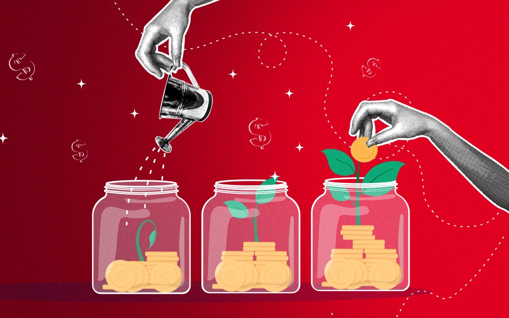 3 jars with coins and plants growing out of them, a person watering and nurturing the plants.