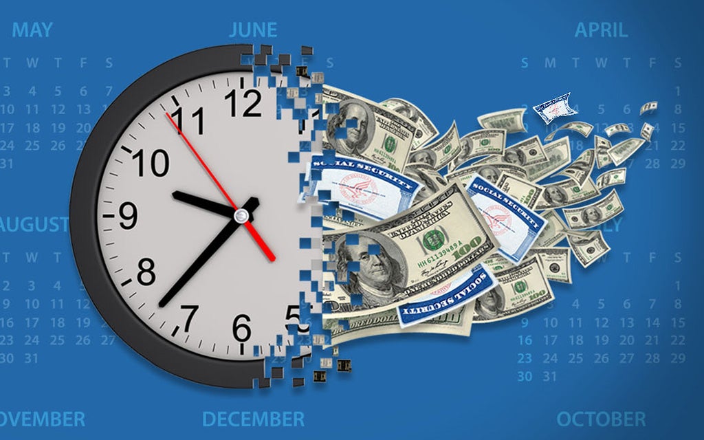 A graphic of a wall clock turning into money and social security cards.