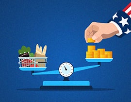Balance scale comparing grocery costs and stacked coins, representing military retirement COLA and inflation.