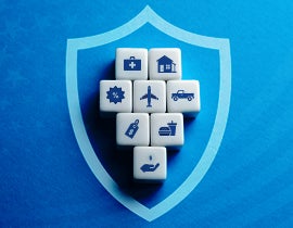 Blue background with blocks in a shield outline.