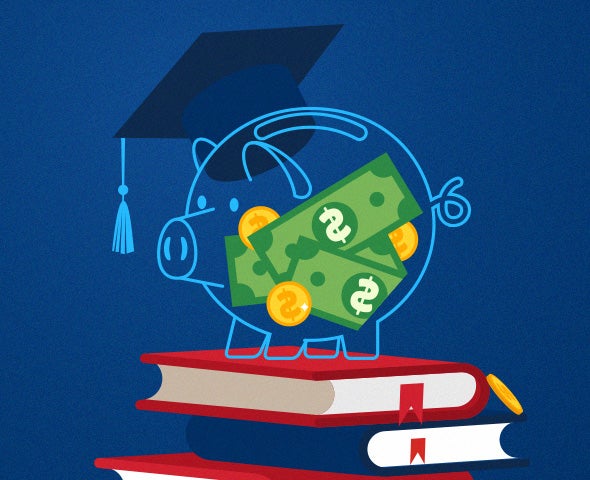 Illustration of a piggy bank wearing a graduation cap, filled with cash and coins, sitting on stacked books.