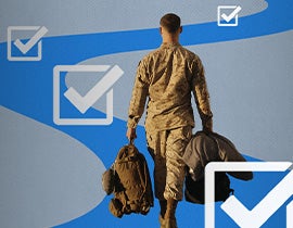 Image of servicemember walking down a blue curvy path with white check-marked boxes.