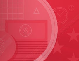 Red background with financial icons including cash, triangles, coins, clock, stars.