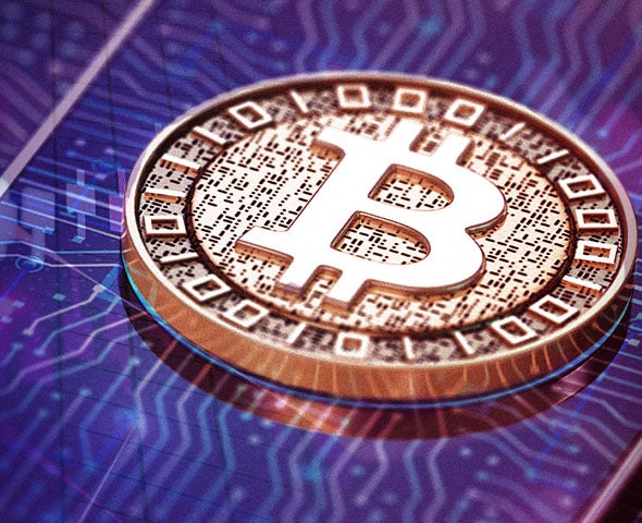 Blue and purple digital background with a gold coin symbolizing bitcoin.