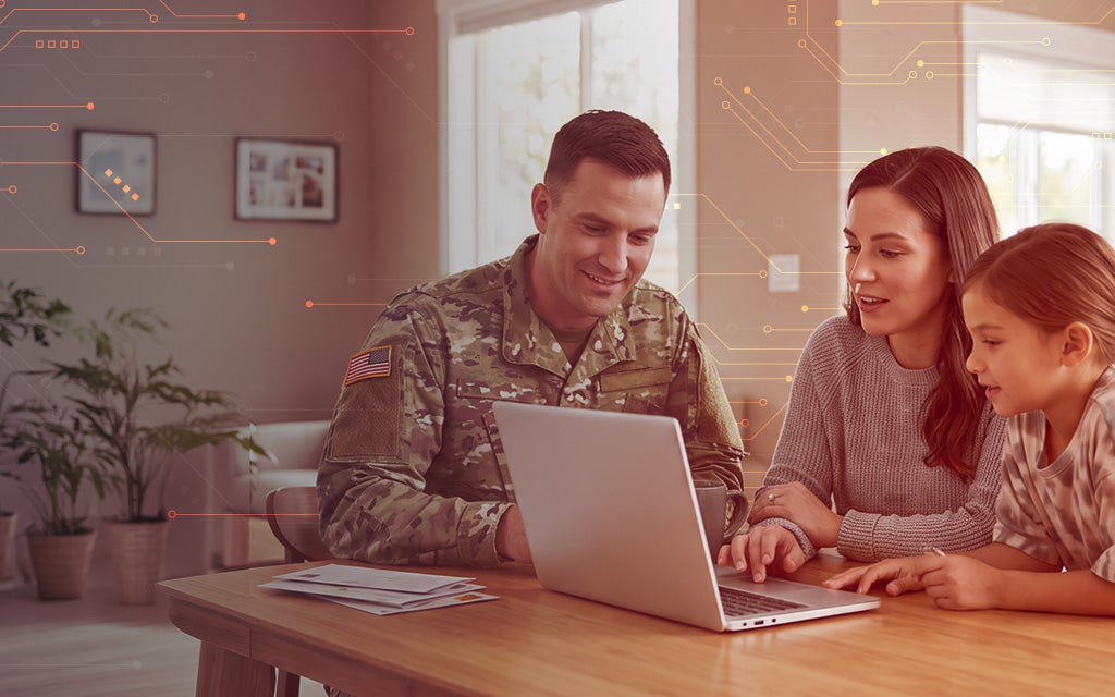 Military family looking at a computer screen.