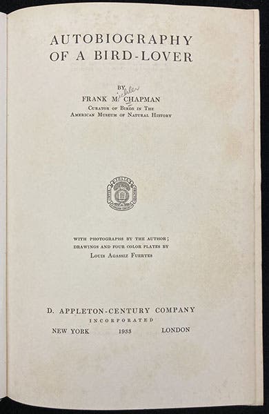 Title page, Autobiography of a Bird-Lover, by Frank M. Chapman, p. 352, 1933 (Linda Hall Library)