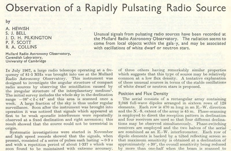 First page of paper by Anthony Hewish, Jocelyn Bell, and three others, announcing the discovery of the first pulsar, detail, Nature, 1968 (Linda Hall Library)