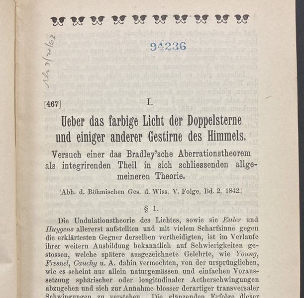 First page of reprint of “Ueber das farbige Licht der Doppelsterne,” by Christian Doppler, originally published in 1842, in Abhandlungen von Christian Doppler, ed. by H.A. Lorentz, 1907 (Linda Hall Library)