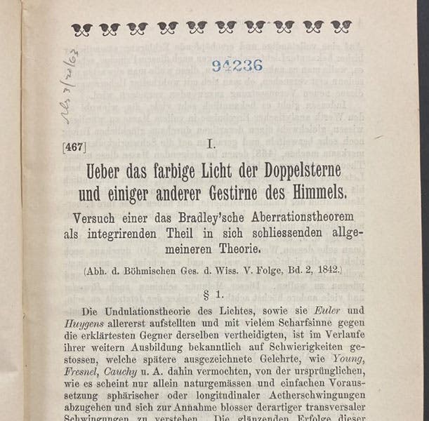 First page of reprint of “Ueber das farbige Licht der Doppelsterne,” by Christian Doppler, originally published in 1842, in Abhandlungen von Christian Doppler, ed. by H.A. Lorentz, 1907 (Linda Hall Library)
