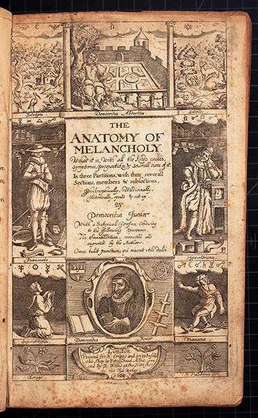Engraved title page, The Anatomy of Melancholy, by Robert Burton, 7th ed., 1660 (Linda Hall Library)