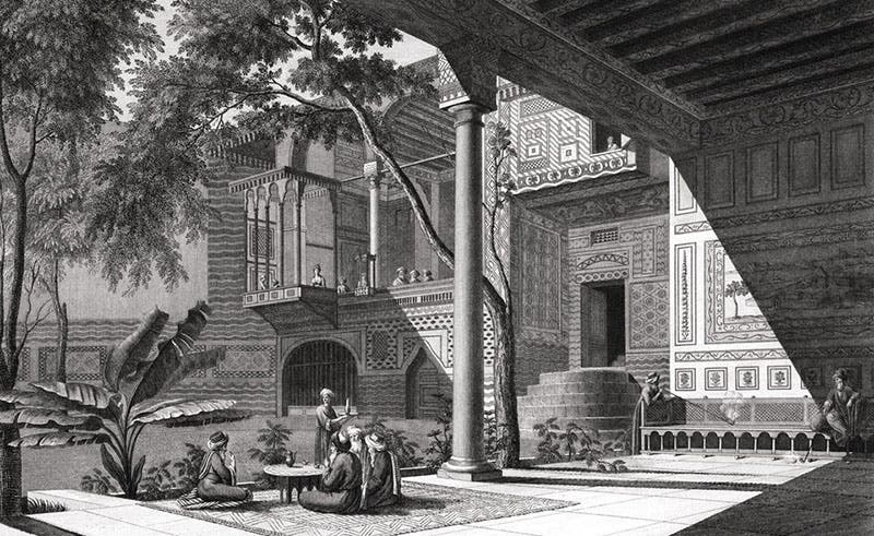 The courtyard of the palace of Qasim Bey, one of two palaces in Cairo that housed the Institute of Egypt, Description de l’Égypte. État modern. Planches, vol. 1, pl. 51, 1809-1828 (Linda Hall Library)