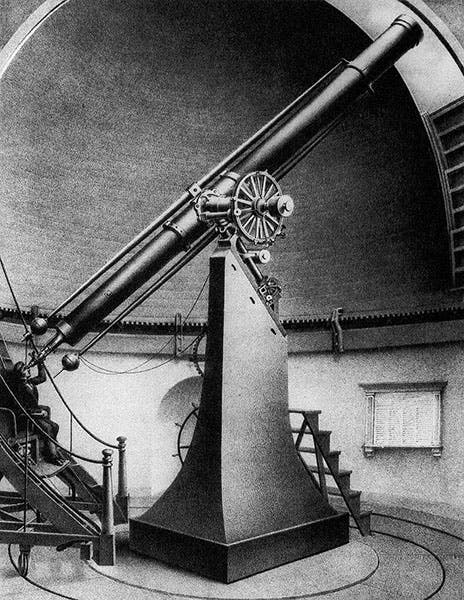 The 15-inch great refractor by Merz & Mahler, installed at Harvard College Observatory in 1847, photo-engraving (Wikimedia commons)