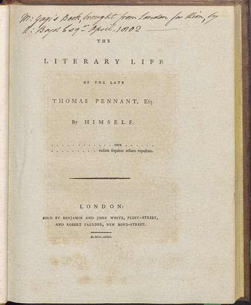 Title page, with annotations, The Literary Life of the late Thomas Pennant, by Thomas Pennant, 1793 (Linda Hall Library)