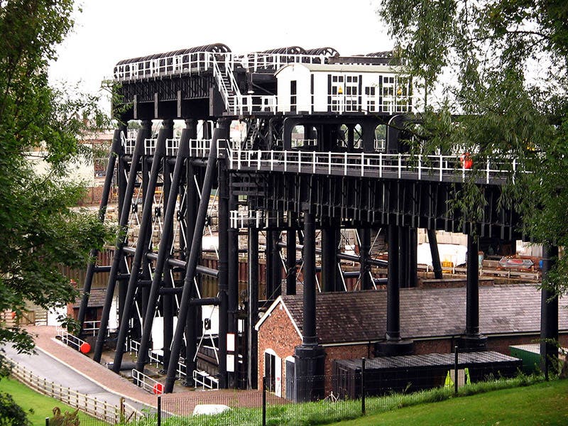 The Anderton Boat Lift, designed by Edwin Clark and constructed by Edward Leader Williams in 1875, modern photograph (Wikimedia commons)
