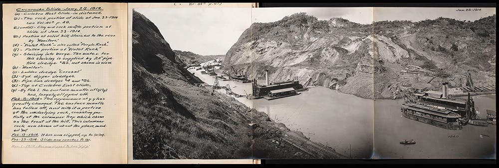 Dredges continue to work at clearing the Cucaracha Slide, January 28, 1914.
 A.B. Nichols was fascinated with trying to solve the problem of landslides. Gravity slides were familiar and often happened in the wet season. In contrast, deformation slides resulting from unstable rock were unpredictable, with some of the worst happening in the dry season.  