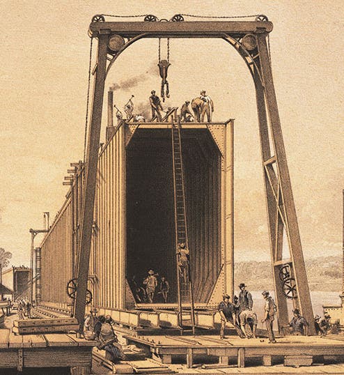 Detail of Britannia tube on shore, <i>The Britannia and Conway Tubular Bridges</i> (1850) (Linda Hall Library)