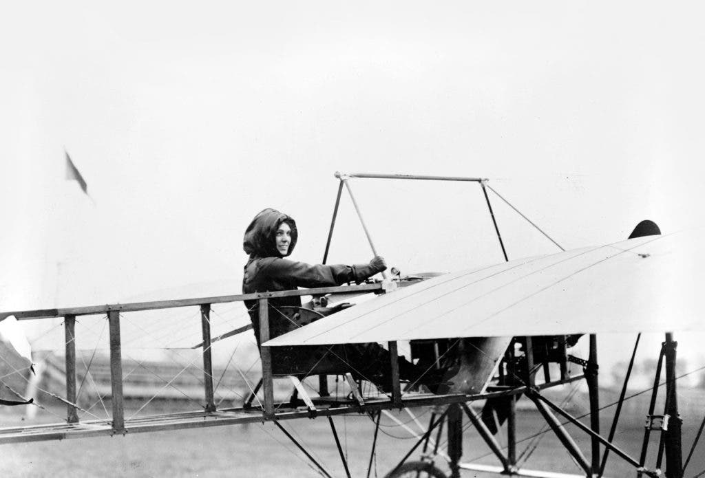 Harriet Quimby in the cockpit of her Blériot XI monoplane, an aircraft designed by French aviator Louis Blériot. The Blériot XI was widely used at air meets in Europe and the U.S.