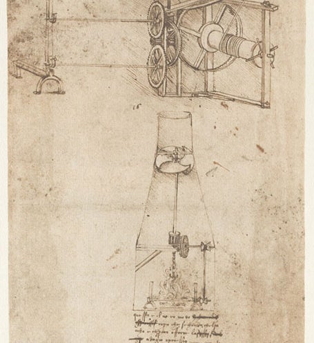 Two powered spits for roasting meat, drawing by Leonardo da Vinci, 1480, fol. 21r of the <i>Codex Atlanticus</i>, facsimile, 1973 (Linda Hall Library)