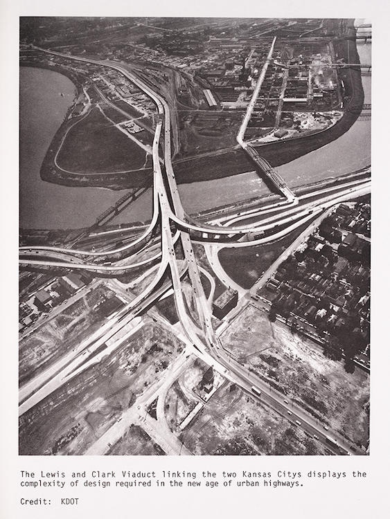 Photograph of the Lewis and Clark Viaduct between Kansas City, Kansas, and Kansas City, Missouri, that illustrates the complexity of urban freeways. Kansas Department of Transportation photograph in: Schirmer, Sherry Lamb, and Theodore A. Wilson. Milestones: A History of the Kansas Highway Commission & the Department of Transportation. Topeka: Kansas Department of Transportation, 1986. View Source.

