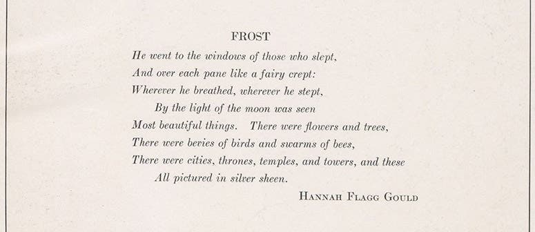 Stanza from the poem “The Frost,” by Hannah Flagg Gould, detail of plate 227, Snow Crystals, by Wilson A. Bentley and William J. Humphreys, 1931 (Linda Hall Library)