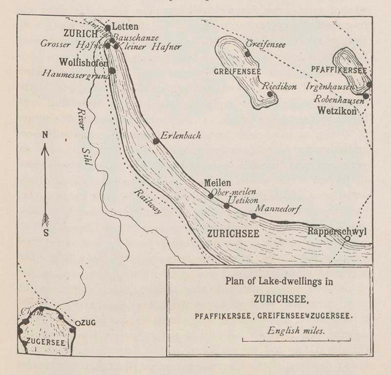 Map of Lake Zurich and Ober-Meilen, where the first Swiss lake-dwellings were found in 1853, from Robert Munro, The Lake-Dwellings of Europe, 1890 (Linda Hall Library)