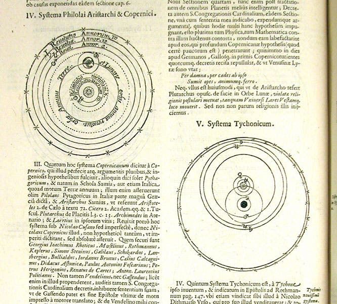 Cosmological systems of Copernicus (left) and Tycho Brahe, text engravings in Almagestum novum, by Giovanni Battista Riccioli, vol. 1, 1651 (Linda Hall Library)