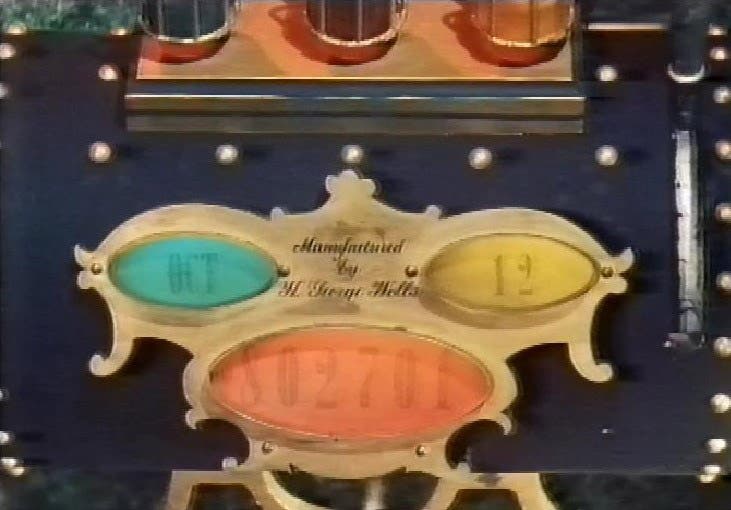 The time-date display on the time-sled, showing Oct. 12, 802,701, when it stopped in the land of the Eloi and the Morlocks, still photo from The Time Machine, 1960 (vhistory.wordpress.com)