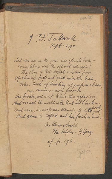 Front free endpaper of the Library’s copy of Joseph Glanvill, The Vanity of Dogmatizing, 1661, with a passage copied out by a former owner from Matthew Arnold, “The Scholar-Gipsy” (Linda Hall Library)